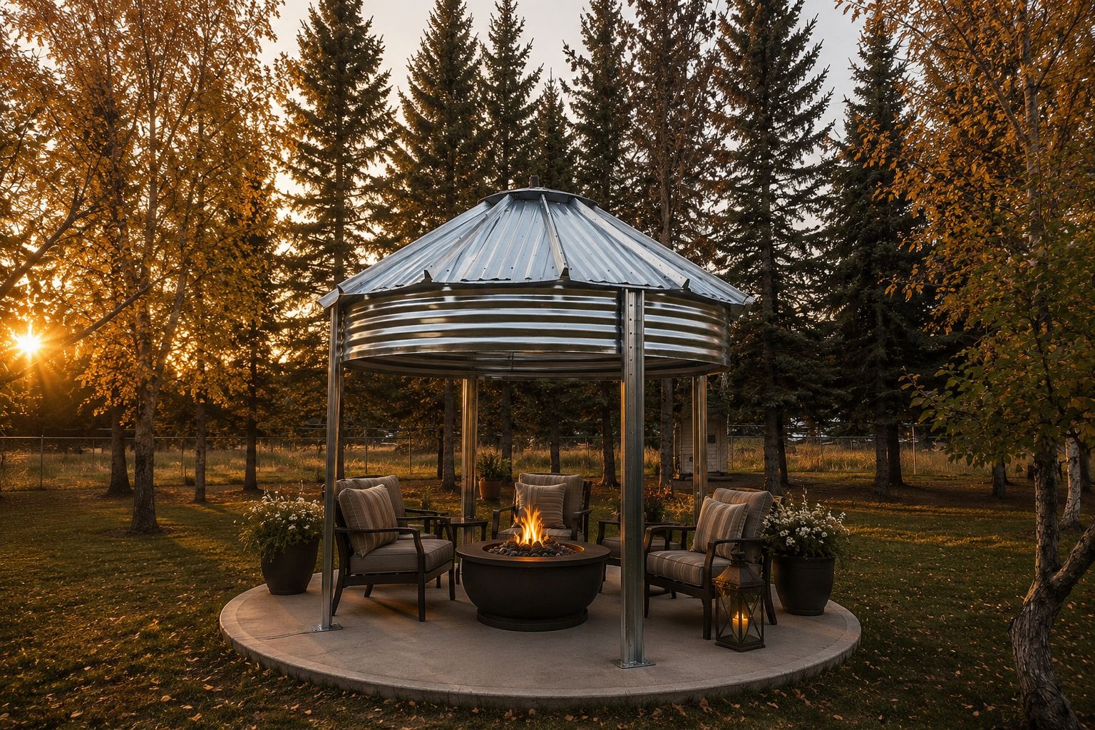 Binzebo grain-bin outdoor gathering space with fire pit at golden hour in a forest clearing